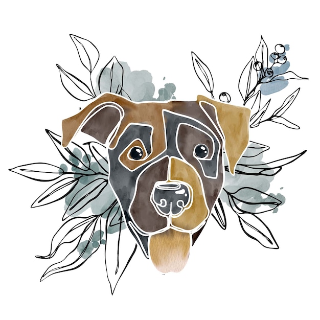 Premium Vector | Hand Drawn Watercolor Abstract Dog Portrait With Watercolor Swoosh's And Line Art Plants