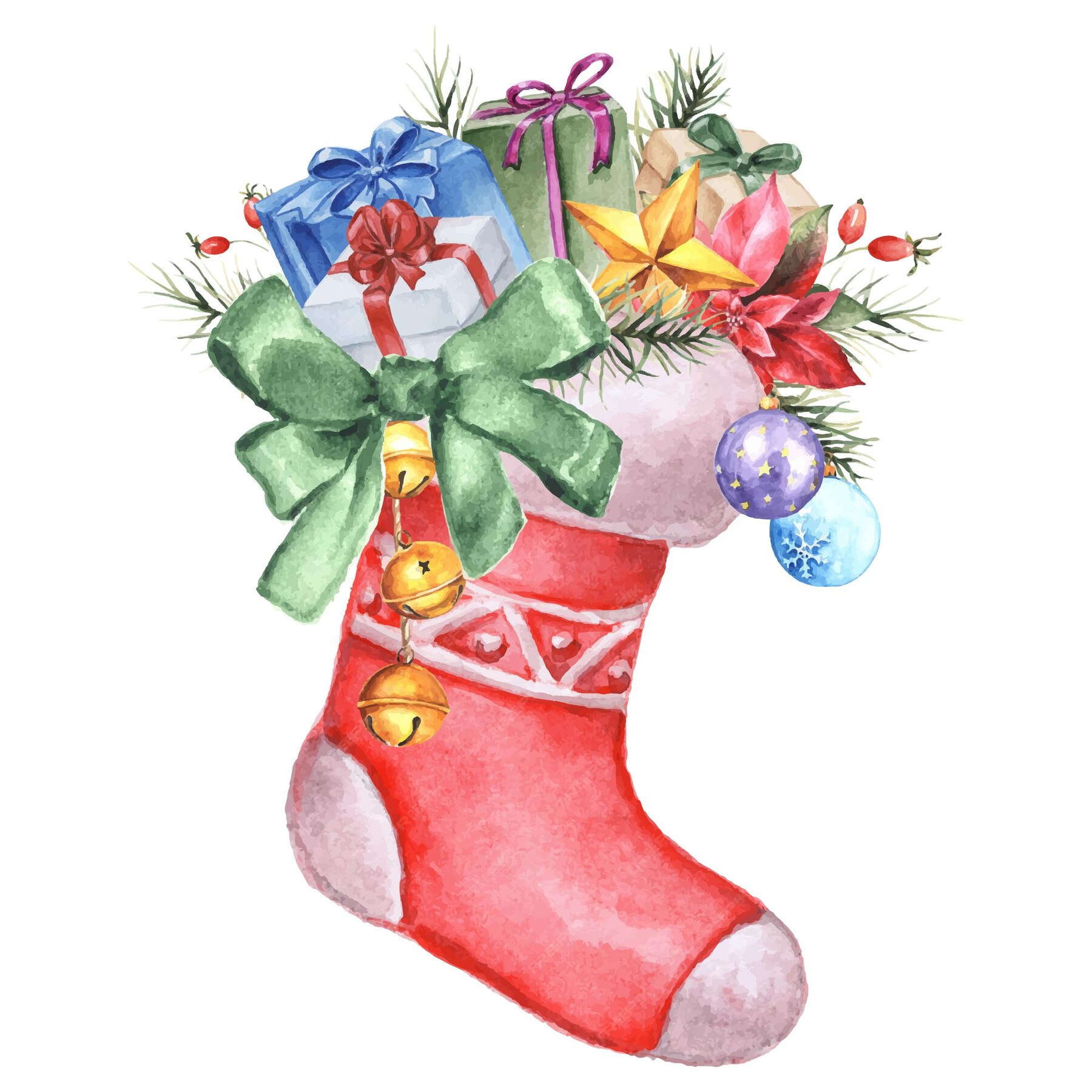Premium Vector | Hand drawn watercolor christmas stocking with gifts