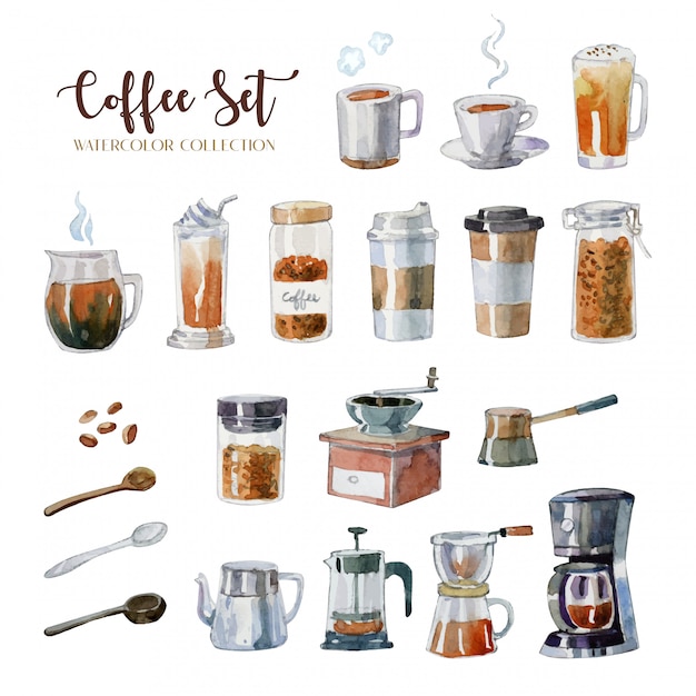 Download Premium Vector | Hand drawn watercolor coffee equipment set