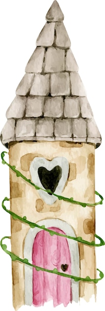 Premium Vector Hand Drawn Watercolor Fairytale Princess Magic Forest Castle With Heart Shaped Window Pink Door In Leaves