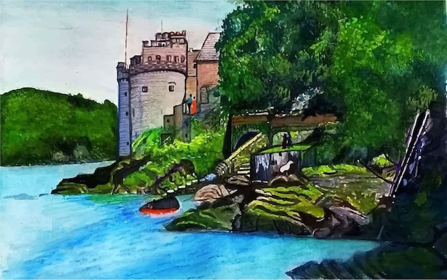 手描きの水彩画の有名な谷の風景イラスト プレミアムベクター