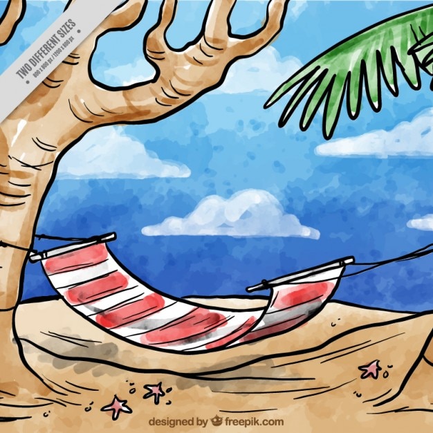 Hand drawn watercolor hammock on the beach
background