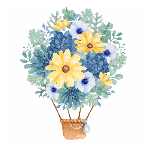 手描き水彩イラスト花熱気球は黄色と青の色で プレミアムベクター
