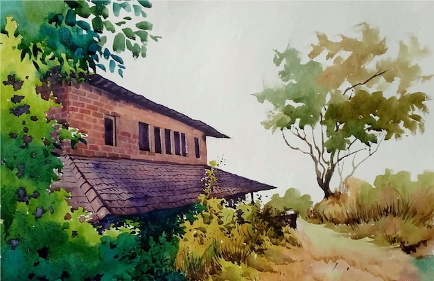 秋のイラストで手描き水彩古い家 プレミアムベクター