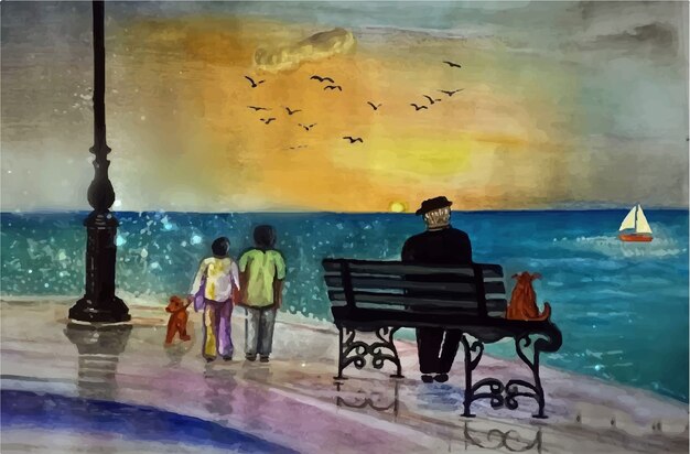 手描きの水彩リゾート 海のビーチのイラストの中の軽食 プレミアムベクター
