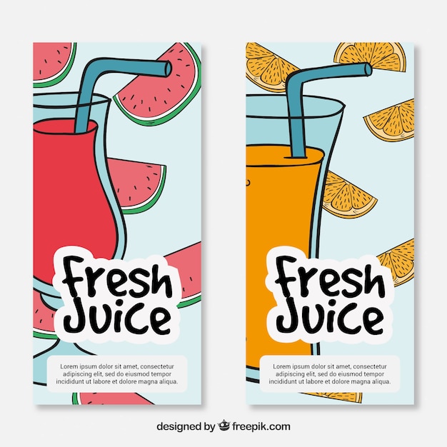 Hand drawn watermelon and orange fruit juice\
banners