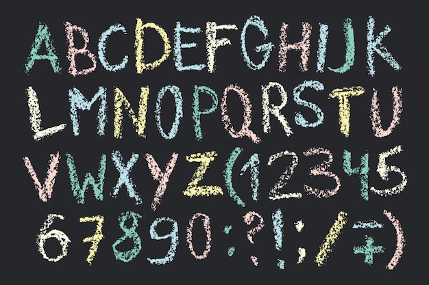 Hand drawn wax crayon font. handwritten alphabet in chalk ...