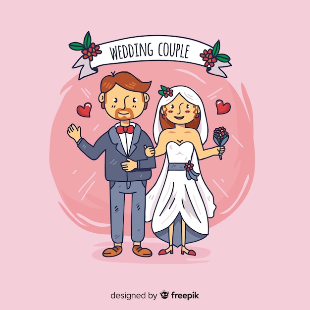 手描きの結婚式のカップルの背景 無料のベクター