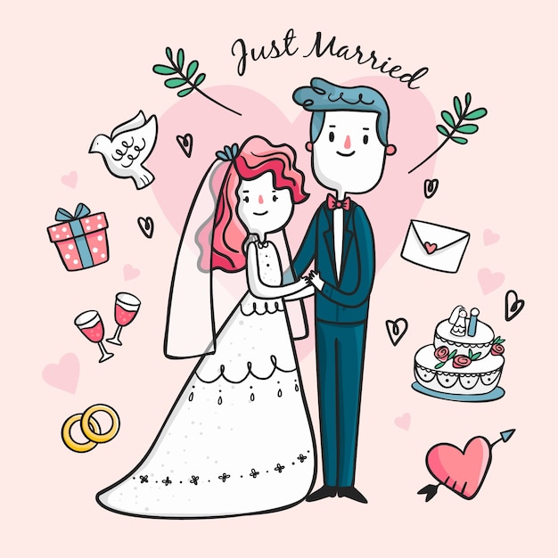 無料のベクター 手描きの結婚式のカップルのイラスト