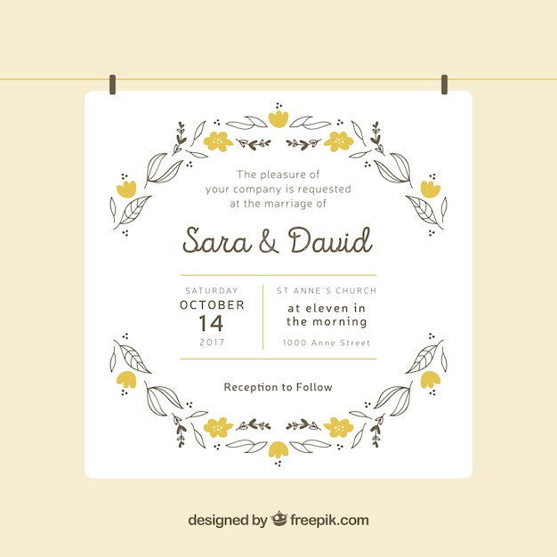 Hand-drawn wedding invitation with yellow
flowers