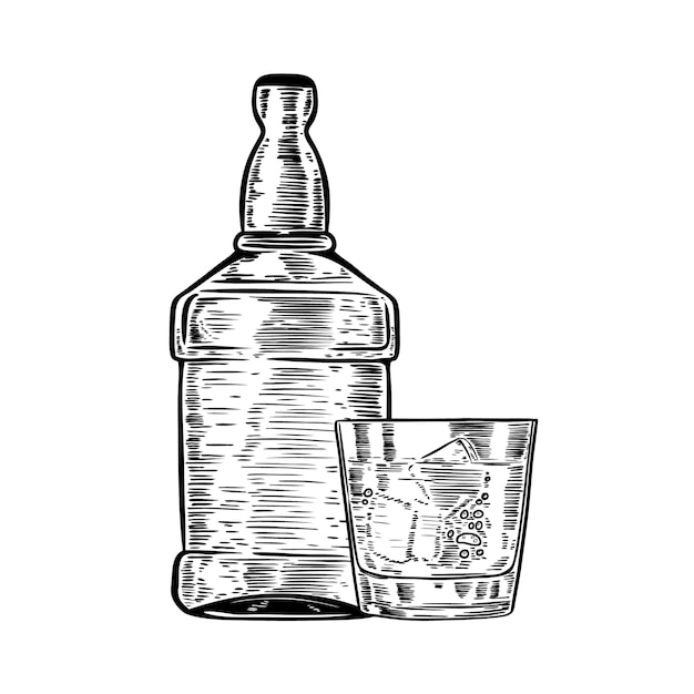 プレミアムベクター 手描きのグラスにウイスキーのボトル ポスター メニューの要素 図