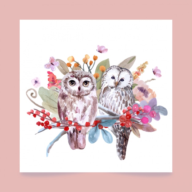 Download Hand-drawn wildlife set of owls watercolor style. Vector ...