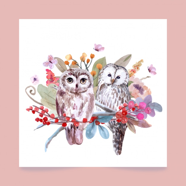 Download Hand-drawn wildlife set of owls watercolor style. Vector | Premium Download