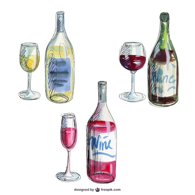 Hand drawn wine bottles Vector Free Download