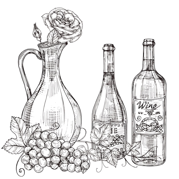 プレミアムベクター バラ ワインのボトル ブドウのイラストが描かれたワインのデカンターを手します