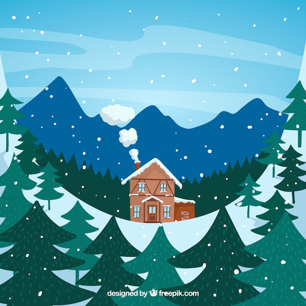 Free Vector | Hand drawn winter design with house in mountains