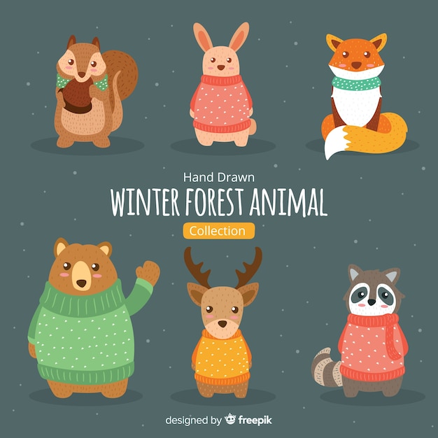 Download Hand drawn winter forest animals collection | Free Vector