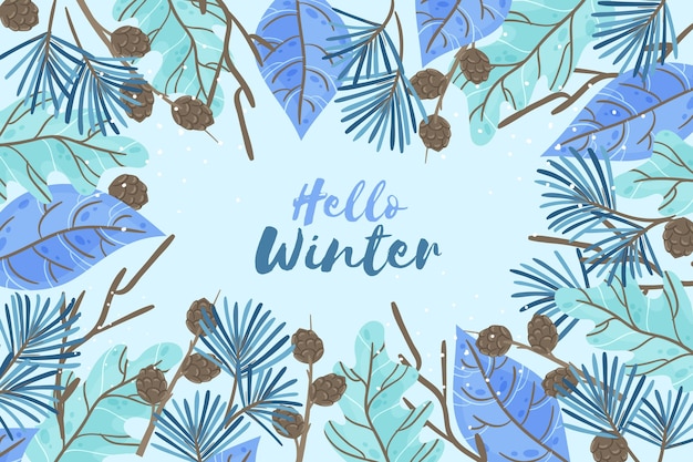こんにちは冬のメッセージと手描きの冬の壁紙 無料のベクター