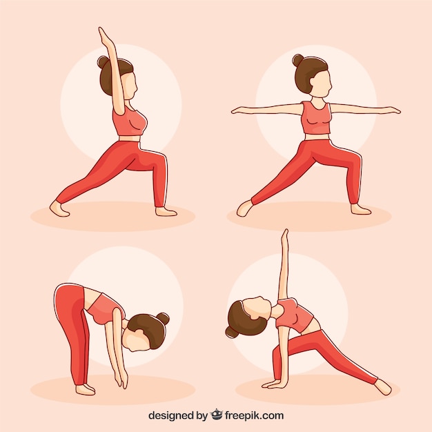 Hand-drawn woman in four yoga postures