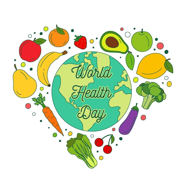 果物と野菜と手描きの世界保健デーのイラスト 無料のベクター