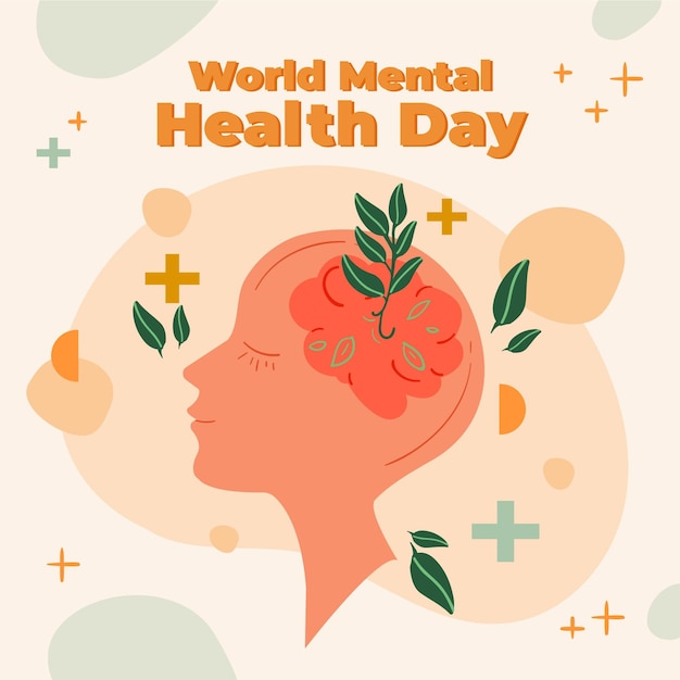 Premium Vector | Hand drawn world mental health day with brain and leaves