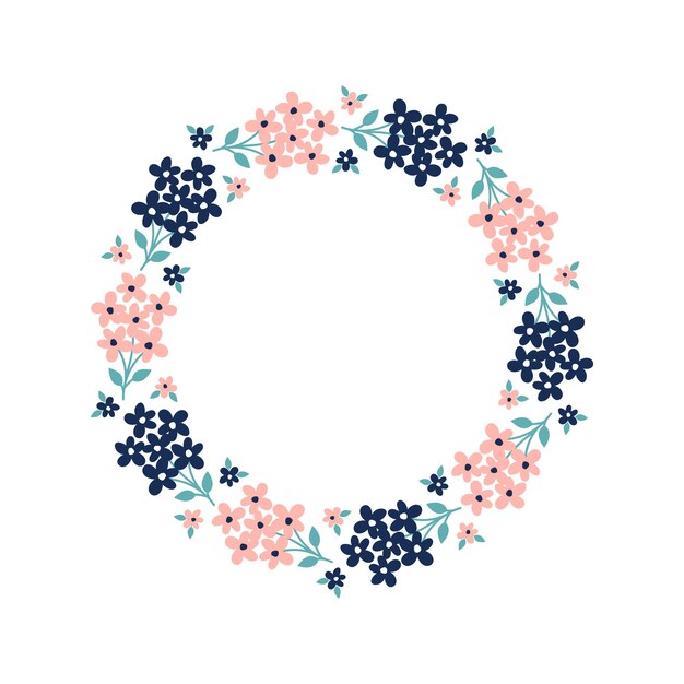 Premium Vector | Hand drawn wreath with pink and dark blue flowers with ...