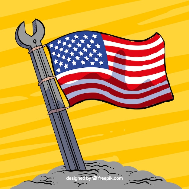 Hand drawn wrench with the american flag waving | Free Vector