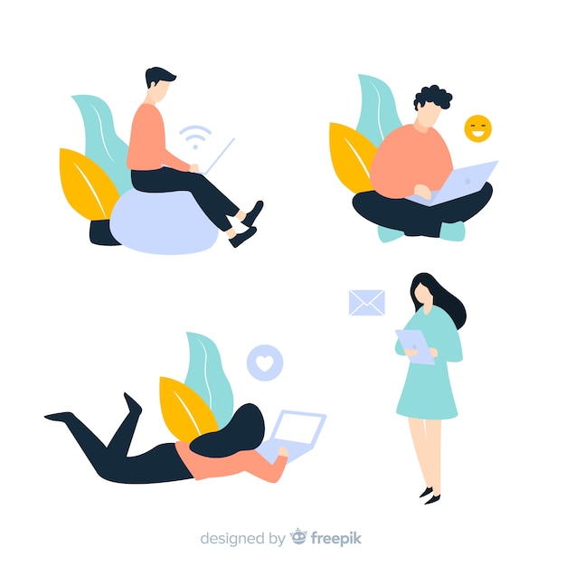 Hand drawn young people using technological device pack Free Vector