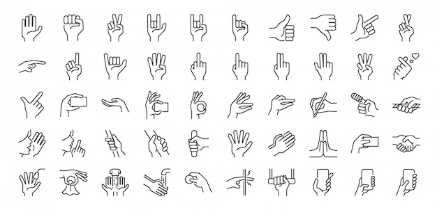 Hand gestures line icon set. Premium Vector