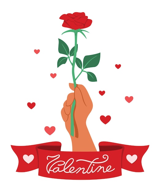 premium-vector-hand-hold-a-red-rose-with-a-ribbon-of-word-is-valentine