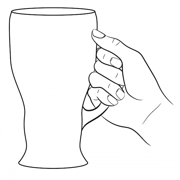 モノクロベクトルイラストのビールのグラスを持っている手 プレミアムベクター