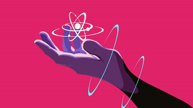 A hand holding a floating atom. Premium Vector