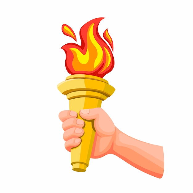 火の炎 白い背景で隔離の漫画イラストのスポーツ大会のシンボルと黄金のトーチを持っている手 プレミアムベクター