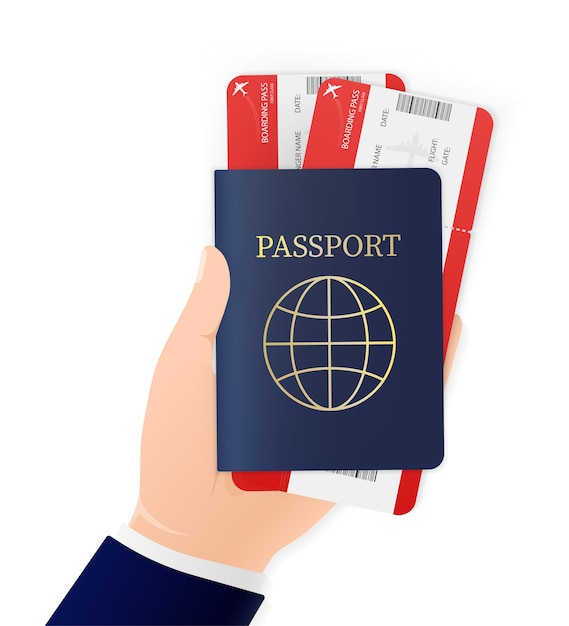 手 白い背景の上の国際パスポートと航空券を保持しています イラストアイコン アイコン 身分証明書 プレミアムベクター