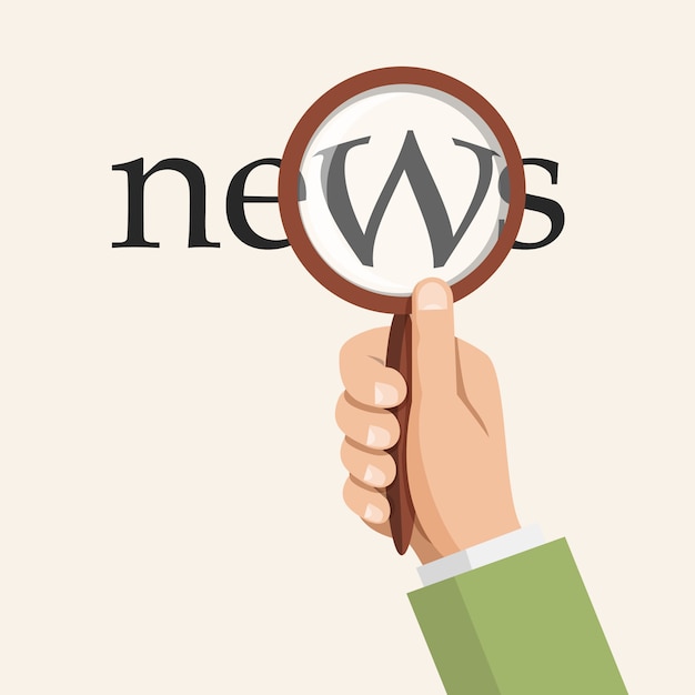 Hand holding magnifying glass and news in retro flat style Premium Vector