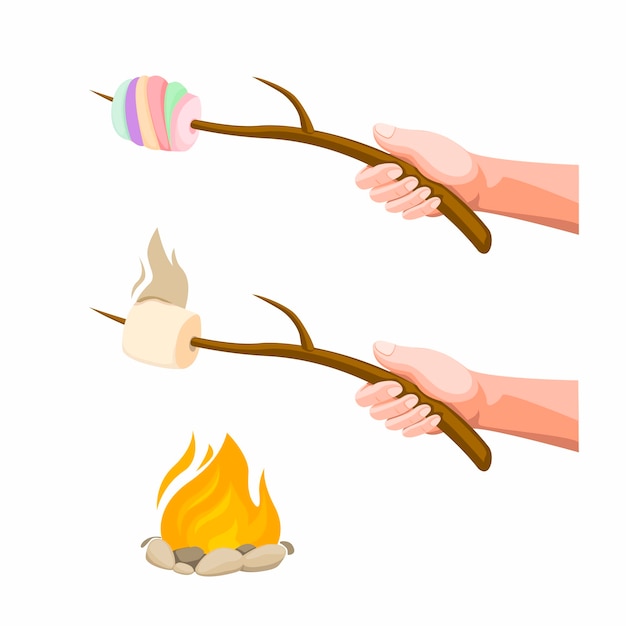 たき火でマシュマロ燃焼を持っている手 白い背景で分離されたコンセプト漫画イラスト プレミアムベクター