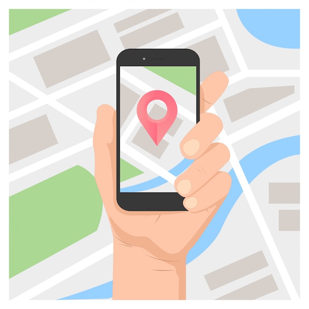 手 地図 ピン ベクトル イラスト 携帯電話 モバイル Gps ナビゲーション プレミアムベクター