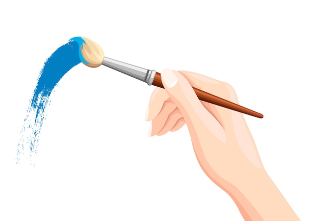 絵筆を持っている手 白の筆塗り 青いペンキ 白い背景で隔離の平らなイラスト プレミアムベクター
