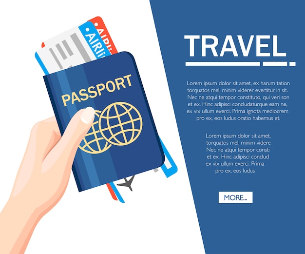 チケットのアイコンとパスポートを持っている手 コンセプト旅行と観光 旅行の書類 国際パスポート ウェブサイトや広告のコンセプト プレミアムベクター