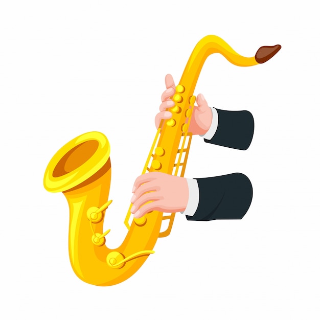 Premium Vector Hand Holding And Playing Saxophone Symbol In Cartoon Style Illustration Isolated In White Background