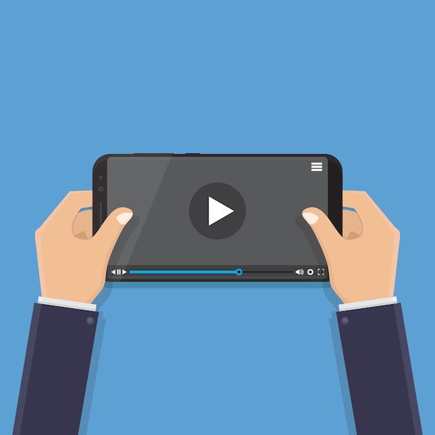Hand holding smart phone, watching video, flat design vector illustration Premium Vector