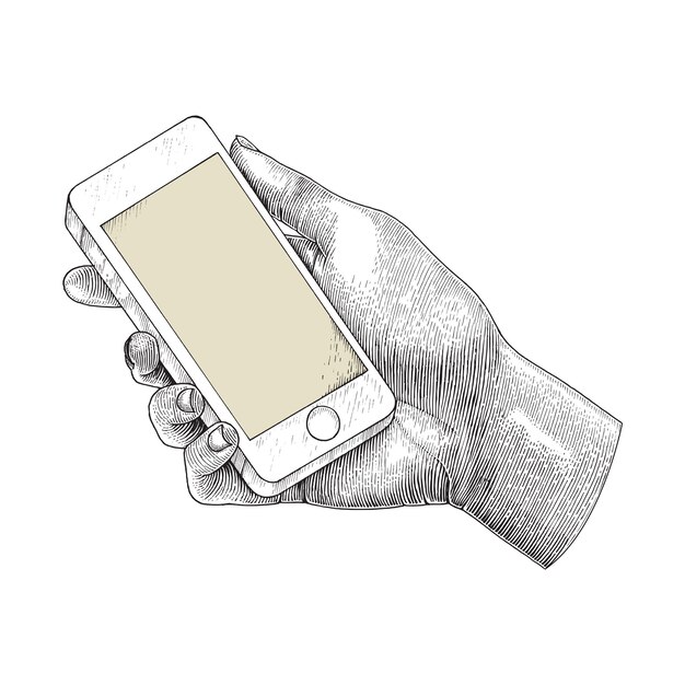 Premium Vector Hand holding smartphone,human hand drawing engraving