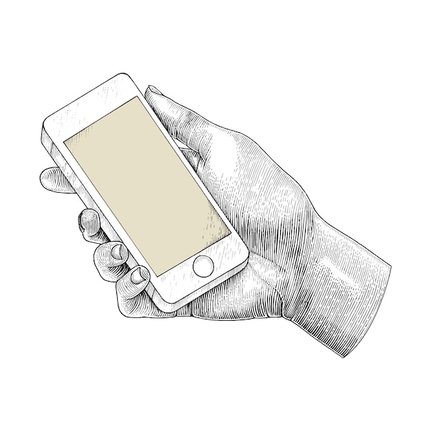 Premium Vector Hand holding smartphone,human hand drawing engraving