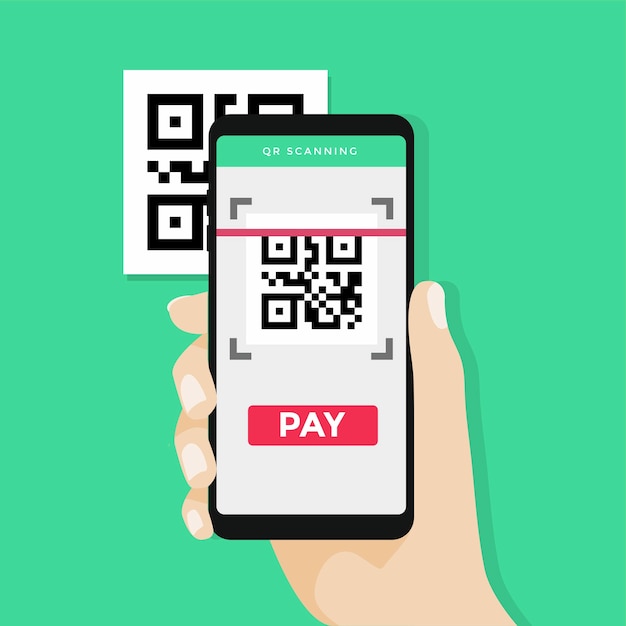 Hand holding smartphone to scan qr code to pay. Vector ...