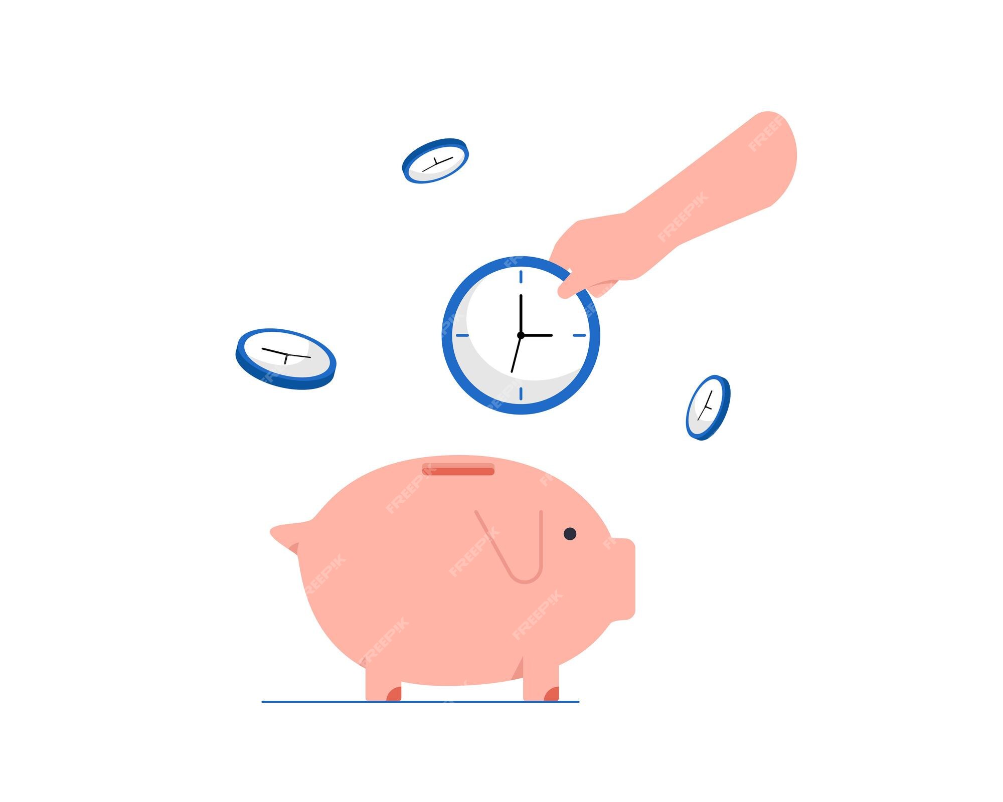 Premium Vector | Hand holding time for saving in pink pig