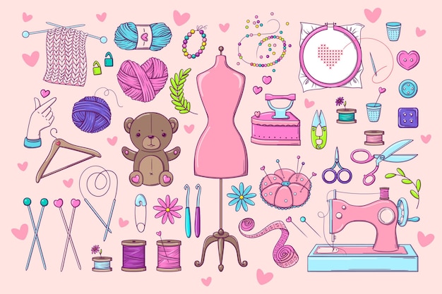  Hand made. set of elements for sewing in doodle style. Premium Vector
