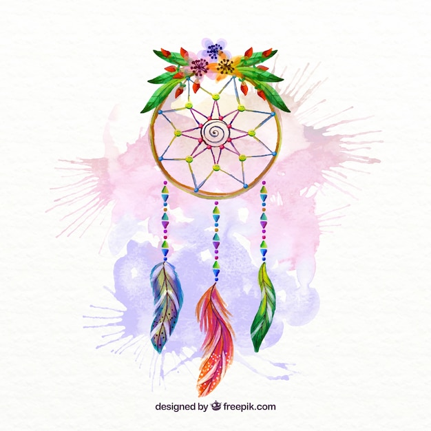 Download Hand painted dream catcher with watercolor splashes and floral detail Vector | Free Download