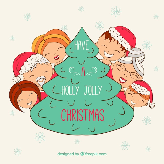 Download Hand painted happy family around christmas tree | Free Vector