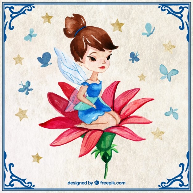 Hand painted pretty fairy in a red flower Free Vector