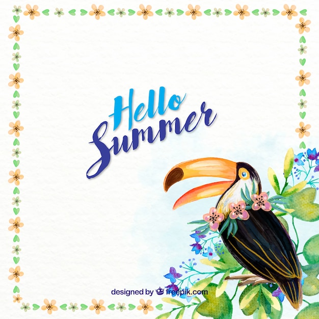 Hand painted summer background with a
toucan